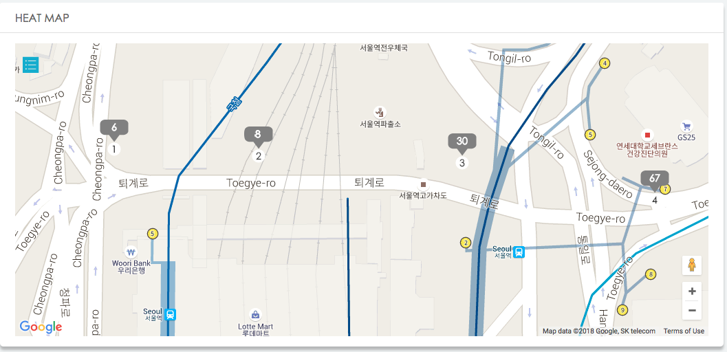 Screenshot from the LBASense Dashboard showing real-time (minute resolution) Crowd Analytics from 4 sensors (numbered from 1 to 4) along the popular touristic Seoullo 7017 bridge in Seoul, Korea.